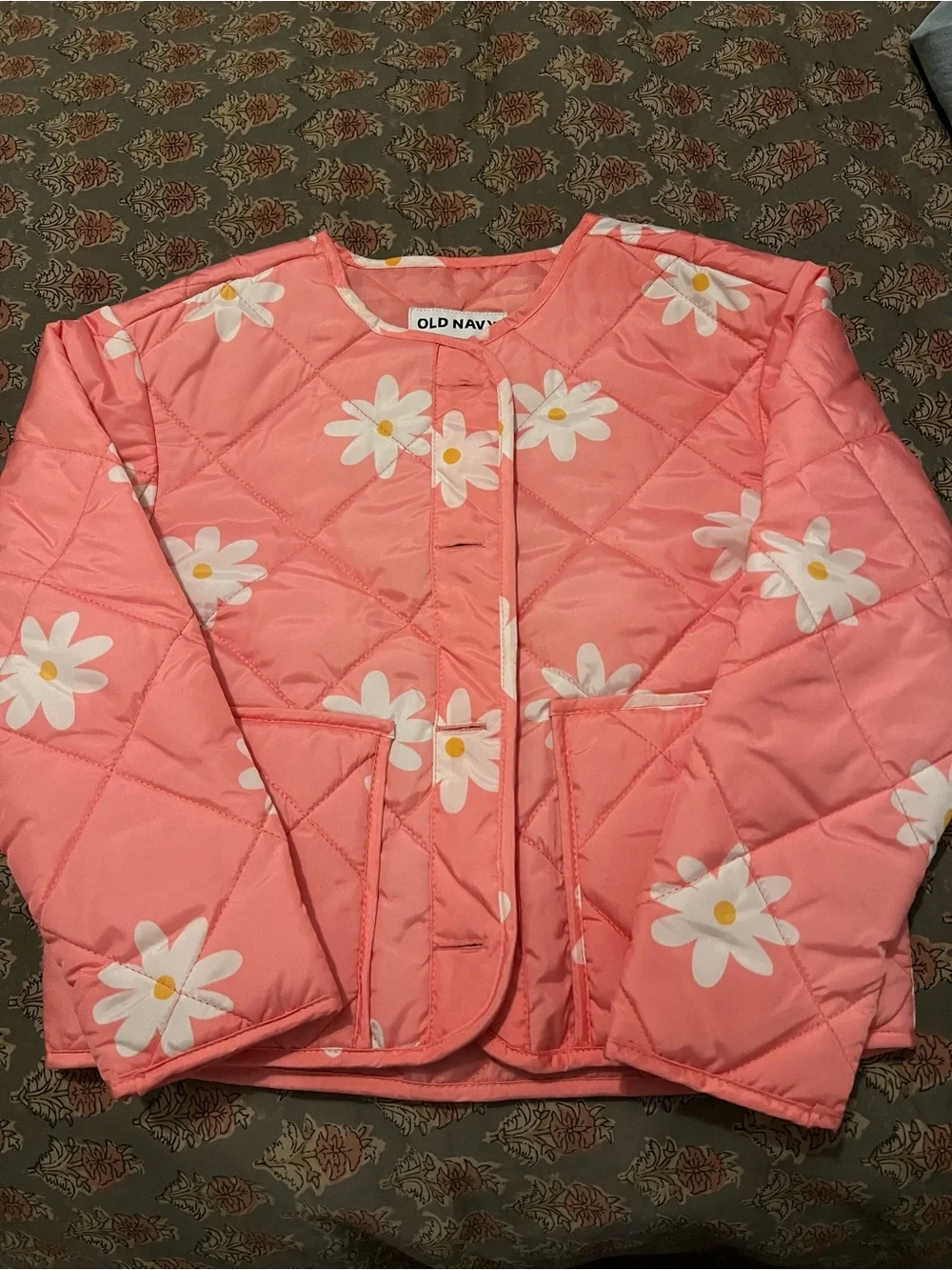 Old Navy Coral Pink Quilted Jacket with White Daisy Print